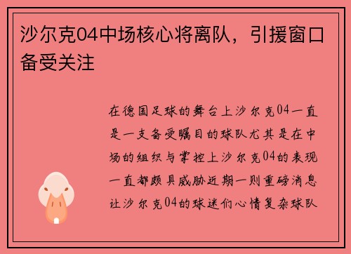 沙尔克04中场核心将离队，引援窗口备受关注