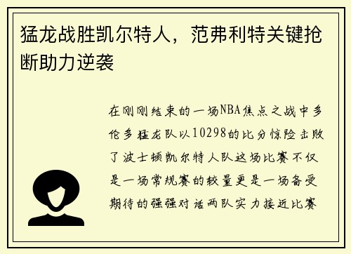 猛龙战胜凯尔特人，范弗利特关键抢断助力逆袭